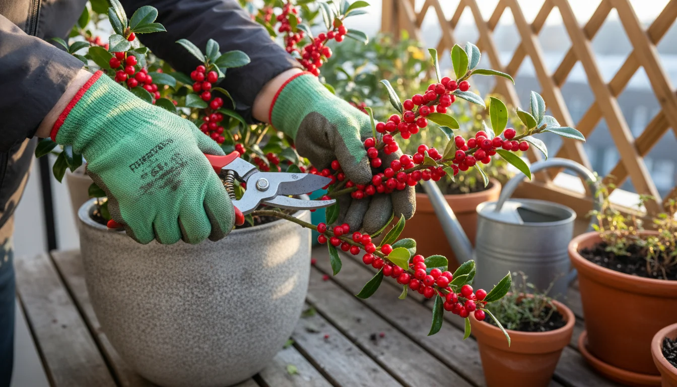 Hands in gardening gloves prune a red winterberry holly plant in a container on a balcony, harvesting a berried branch.