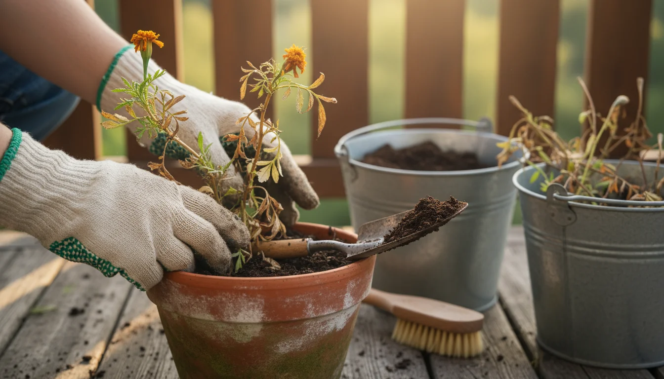 Hands in gardening gloves gently remove a spent marigold from a terracotta pot on a balcony, with gardening tools and buckets nearby for cleanup.