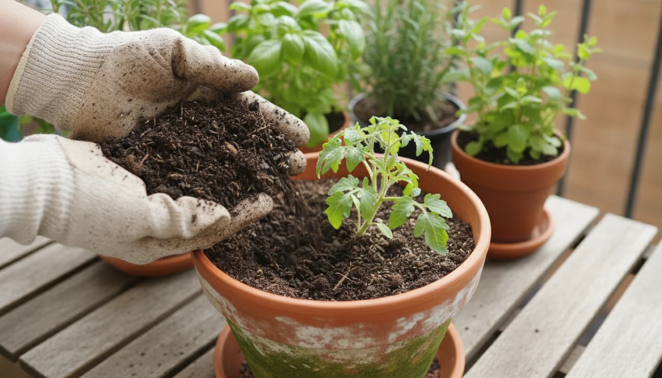 Hands in gardening gloves scattering dark compost onto the soil around a small micro-tomato plant in a terracotta pot on a wooden balcony table.