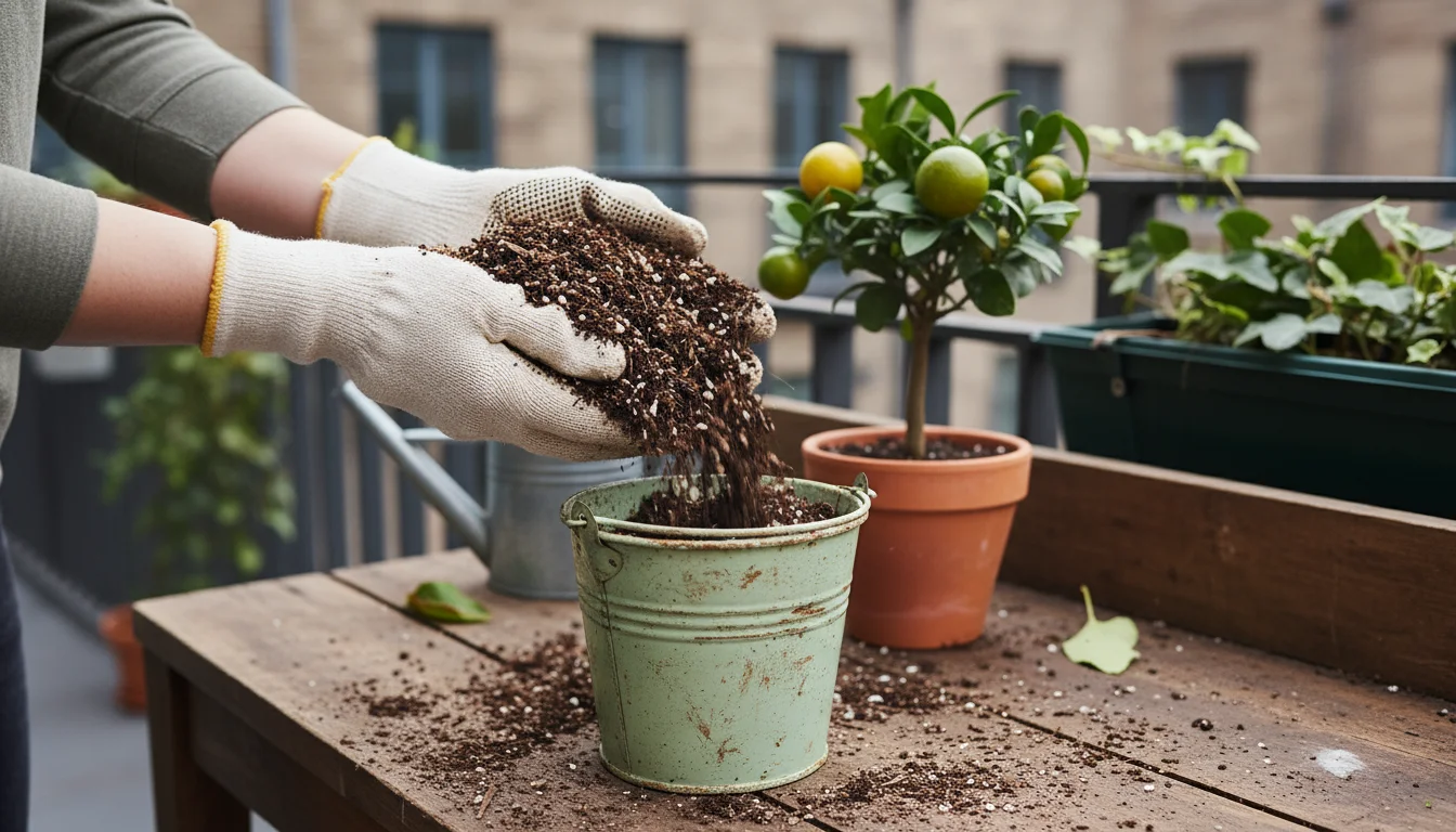 Hands in gardening gloves scoop peat-free potting mix into a distressed pale green metal bucket on a wooden bench, with an evergreen plant nearby.