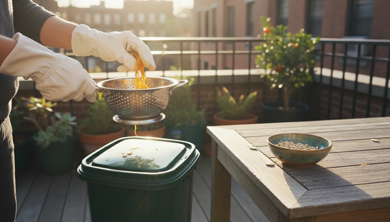 Hands in gardening gloves separating pumpkin seeds from flesh over a compost bin on a patio, with clean seeds, spices, and container plants nearby.