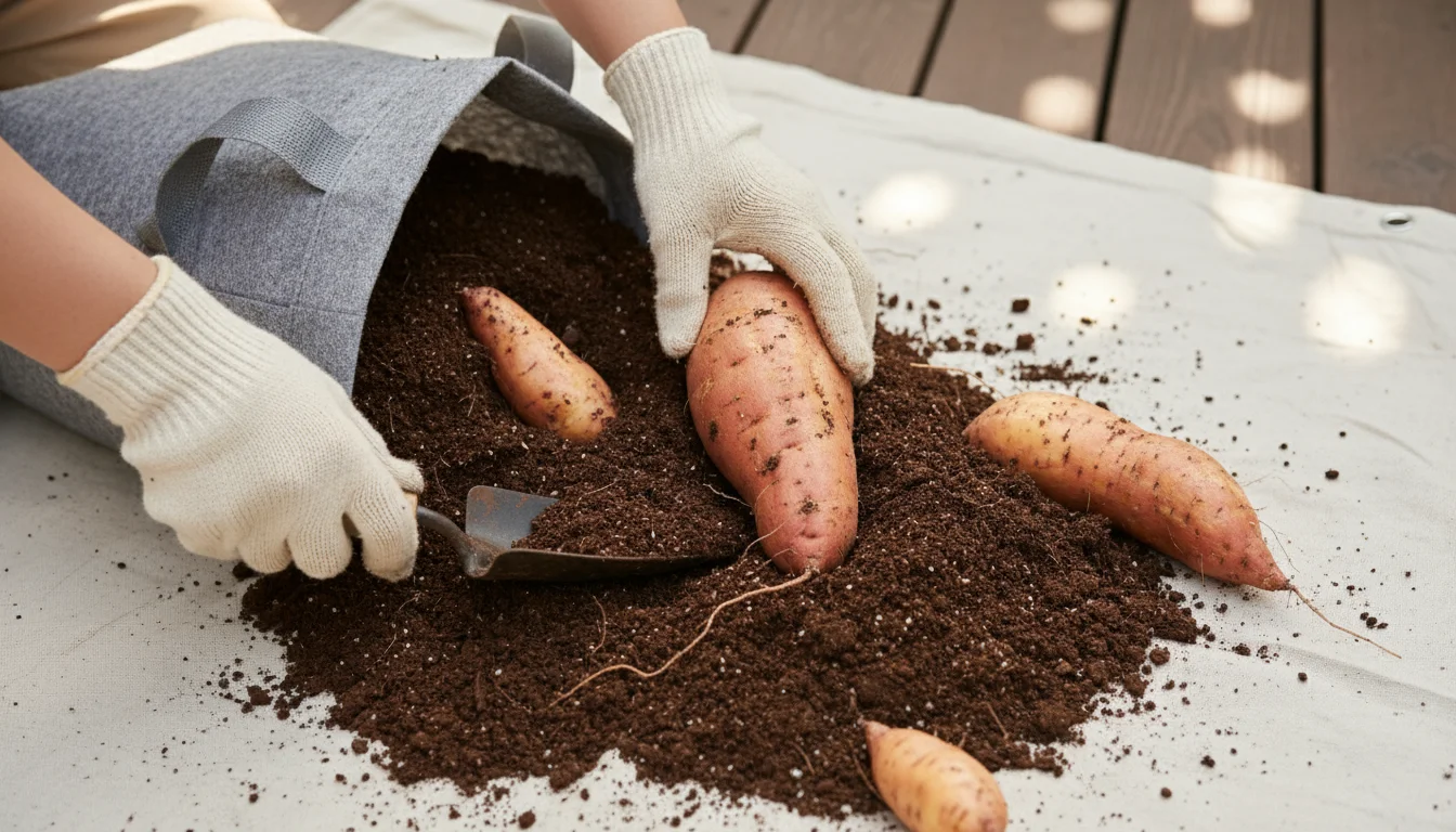 Hands in gardening gloves gently sifting soil from a tipped fabric grow bag, revealing newly unearthed small sweet potatoes.
