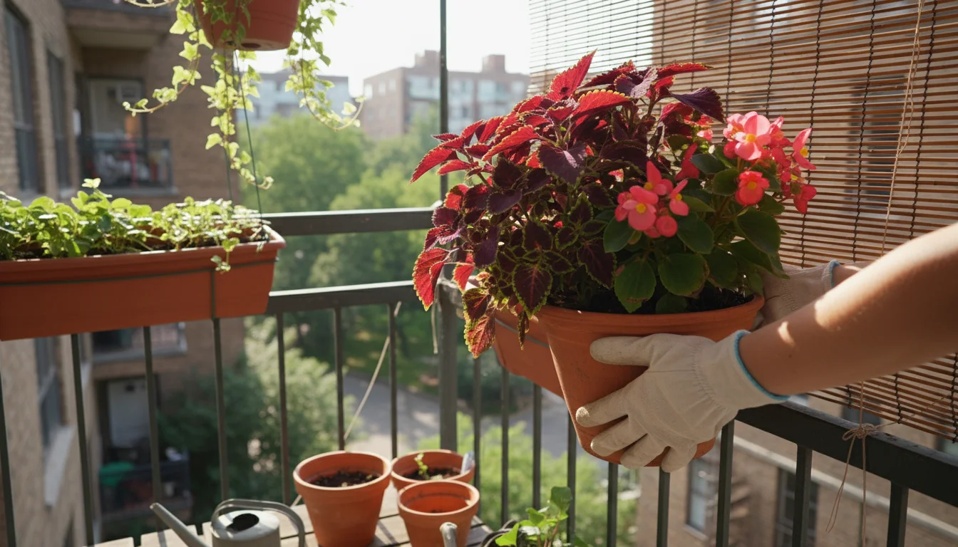 Hands in gardening gloves carefully sliding a terracotta pot with a green leafy plant from a sunny balcony railing into dappled shade.