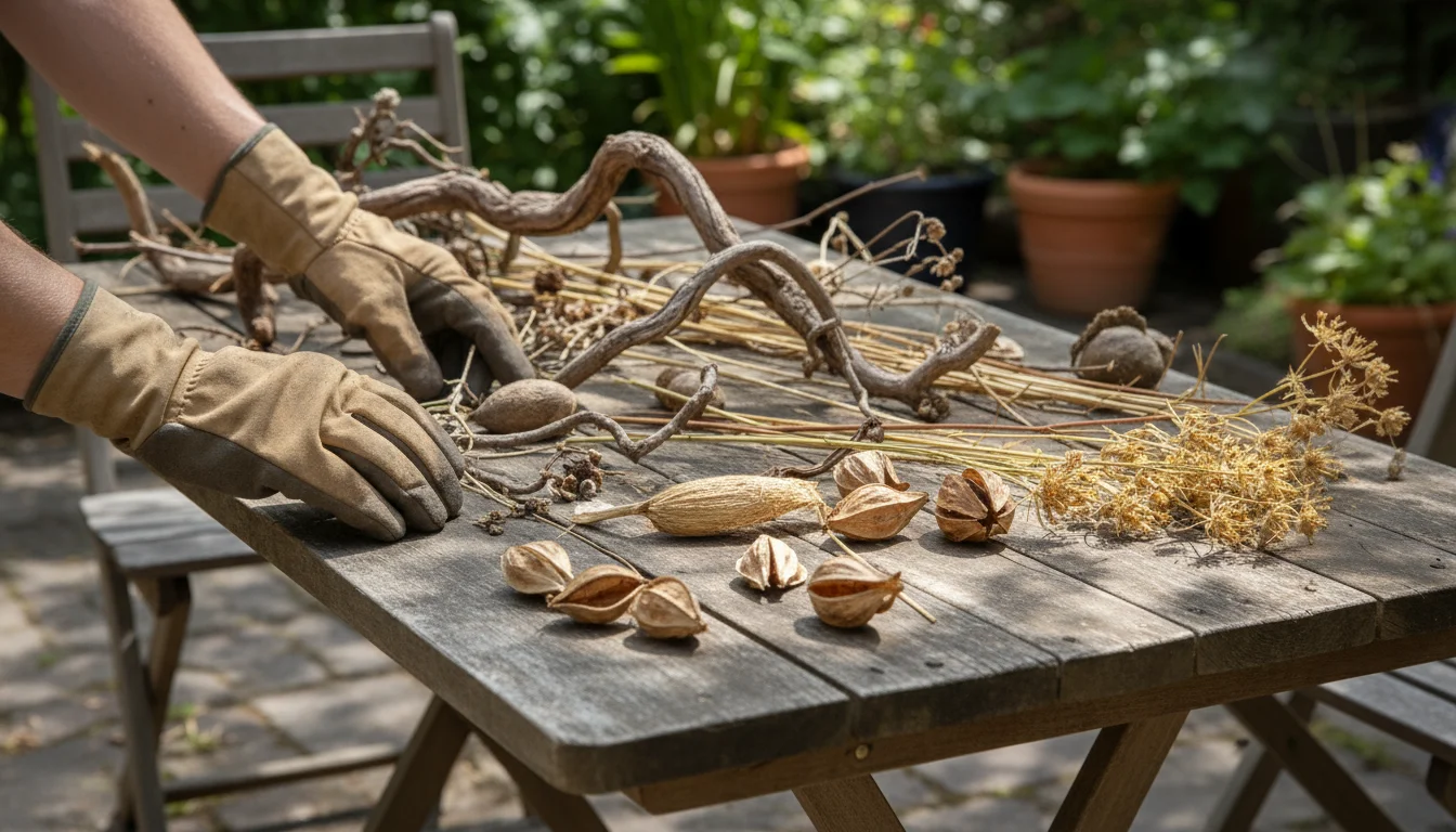 Hands in gardening gloves carefully sorting a pile of bare branches and dried seed heads on a wooden patio table.