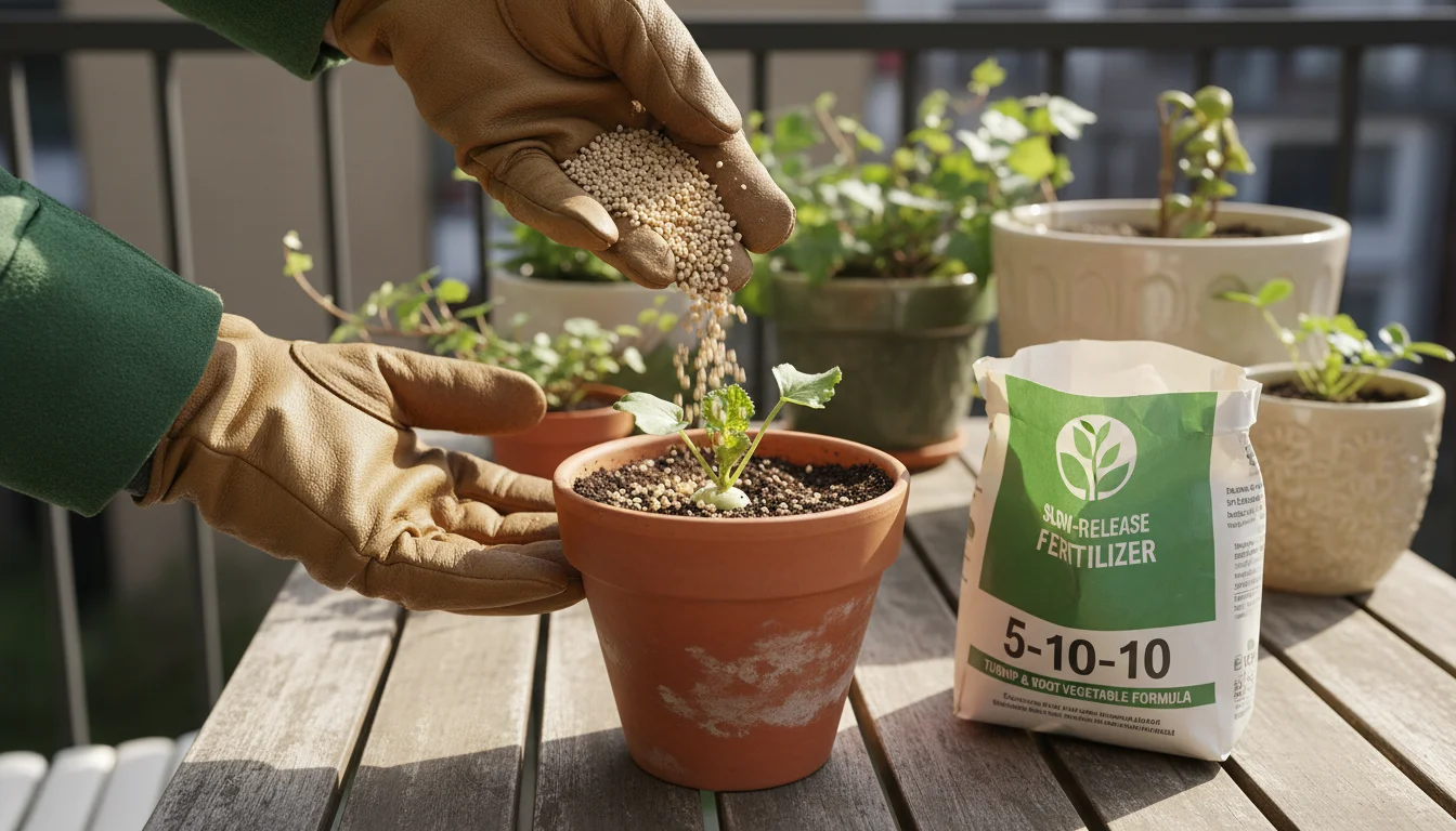 Hands in gardening gloves sprinkling granular fertilizer onto soil around a young turnip plant in a terracotta pot. A fertilizer bag with NPK '5-10-10