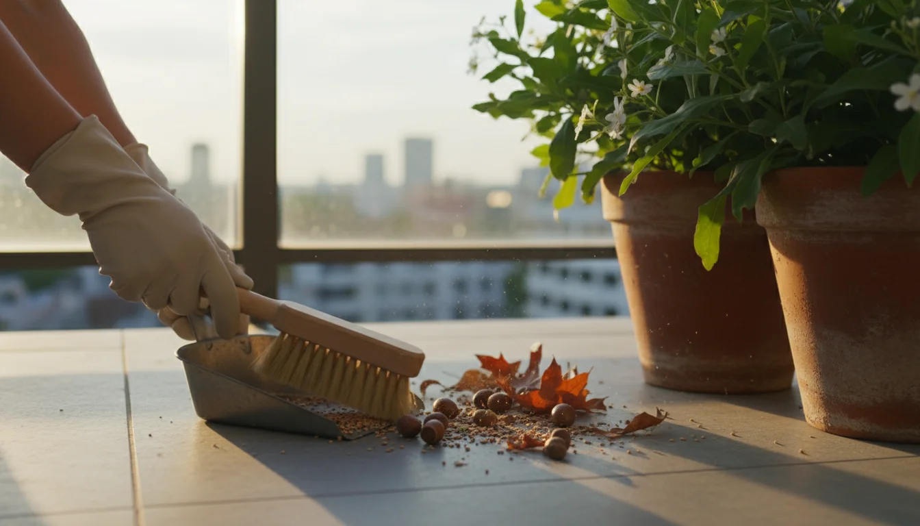 Hands in gardening gloves sweep fallen acorns, dried leaves, and birdseed from a clean urban balcony floor with a hand brush and dustpan, between two 