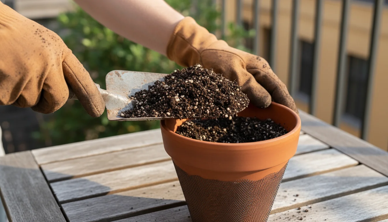 Hands in gardening gloves, using a trowel to fill a terracotta pot with dark potting mix, a mesh screen visible at the bottom.