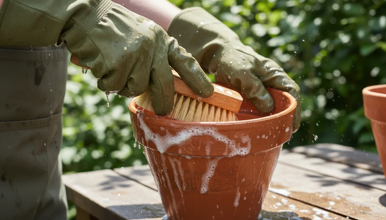 Hands in gardening gloves vigorously scrubbing a white mineral salt ring from the inside of a terracotta pot with a brush on an urban balcony.