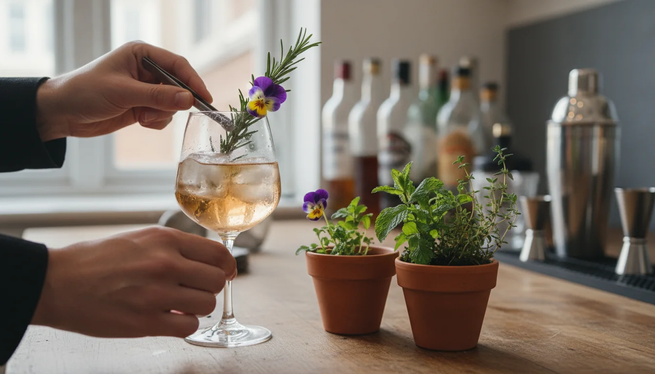 Hands garnish a clear cocktail with fresh rosemary and a purple viola, next to small potted herbs on a sunlit counter.