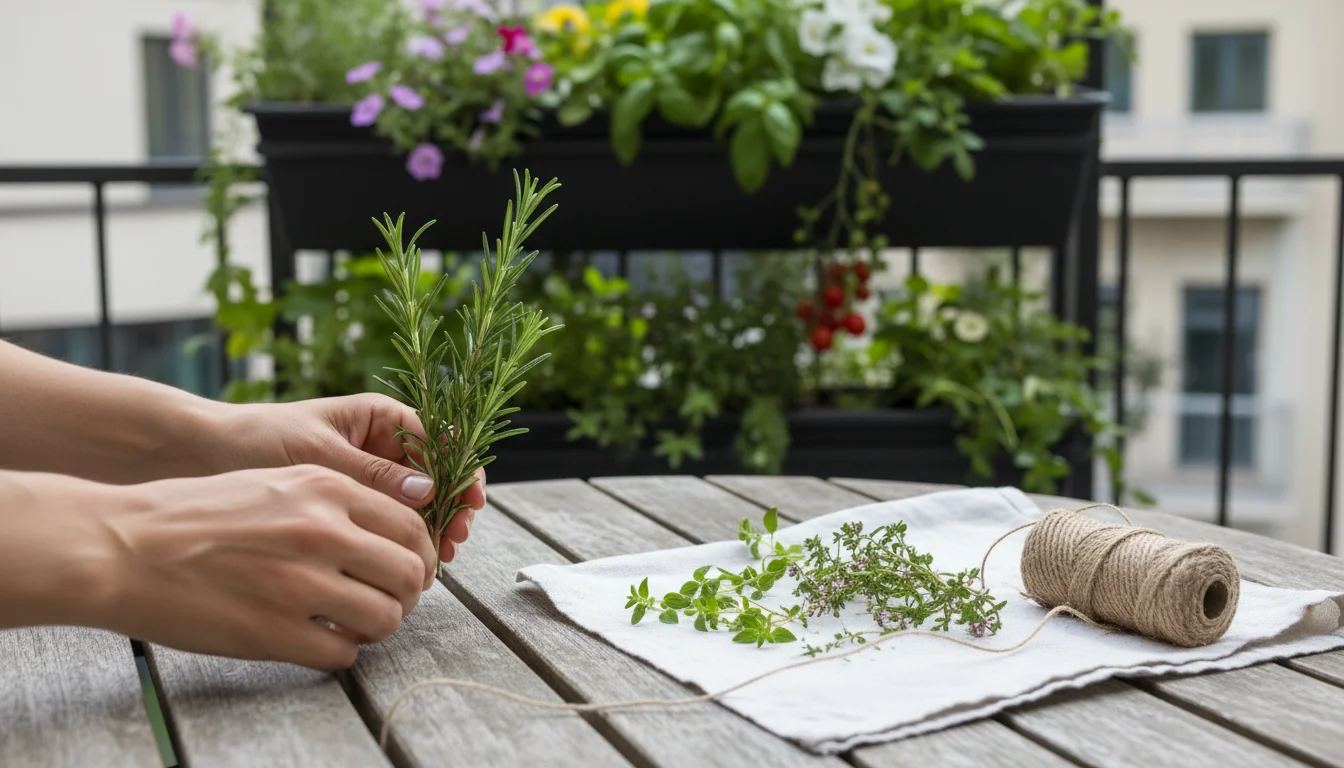 Hands gather fresh rosemary stems into a small bundle on a balcony table, with other herbs and twine nearby.