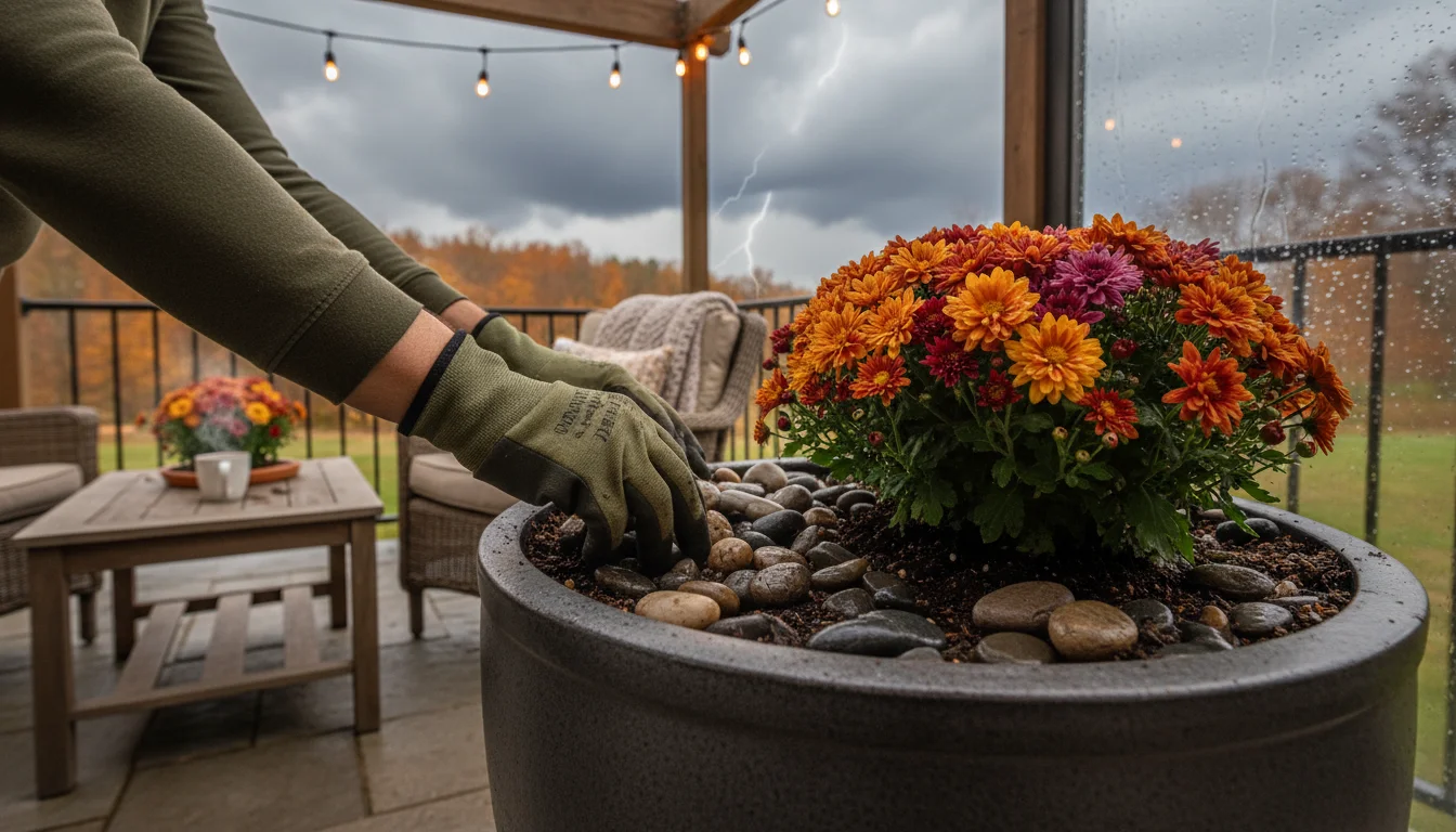 Hands in gloves place river stones into a ceramic pot on a patio. Other weighted containers and an overcast sky before a fall windstorm.
