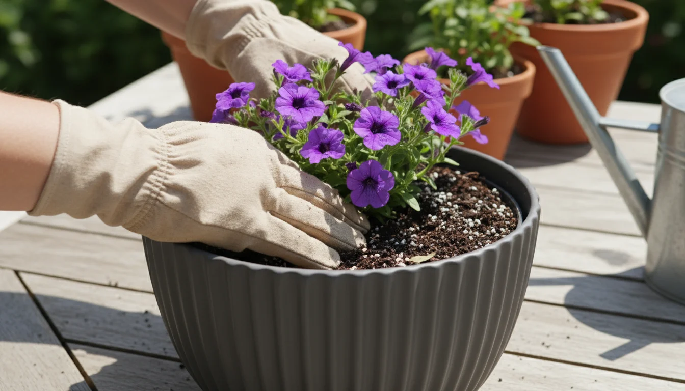 Hands in gloves planting a vibrant purple annual into a charcoal grey ceramic pot on a wooden patio table, with fresh soil and spent bulb remnants vis