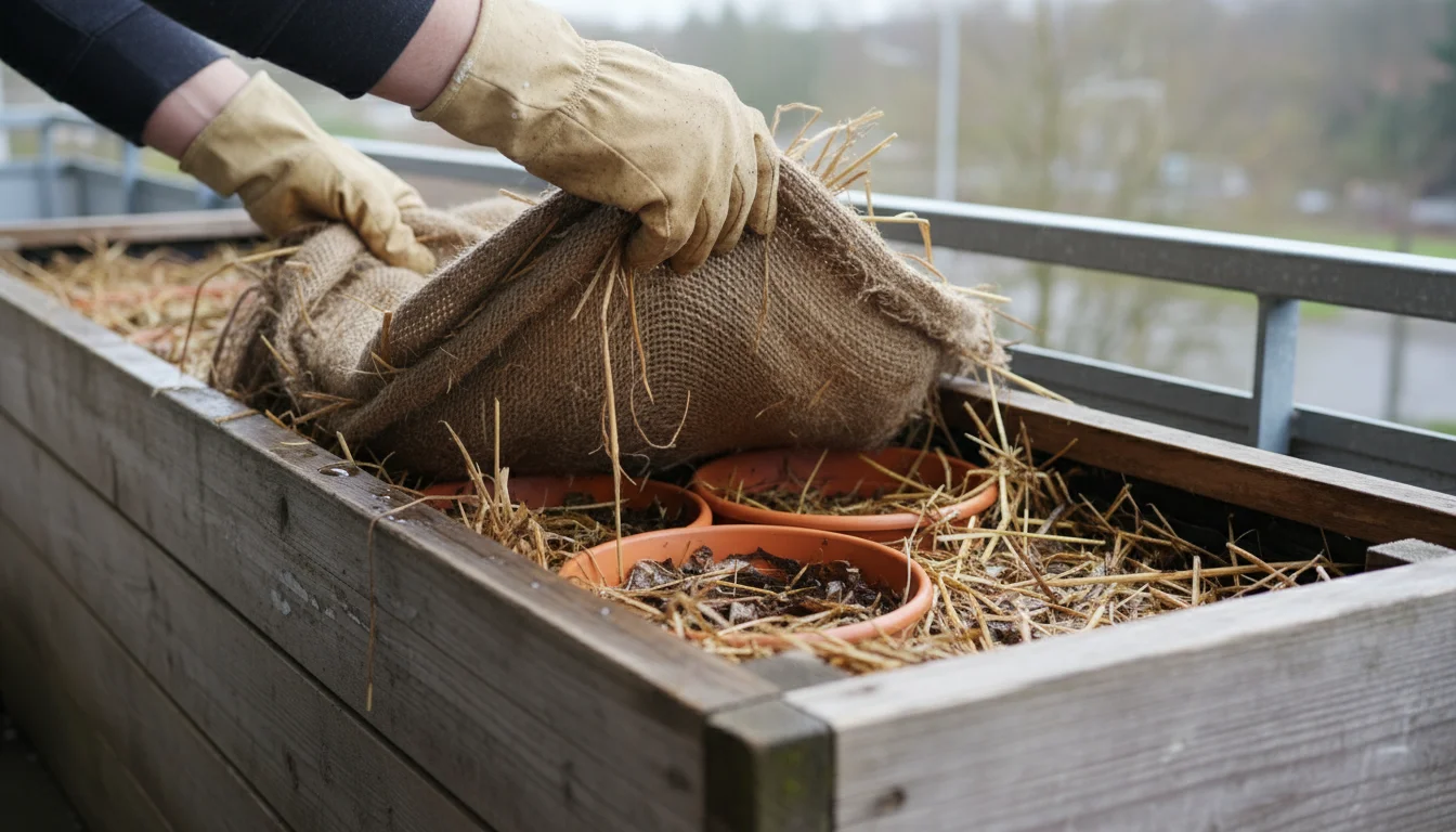 Hands in gloves carefully remove the top layer of damp insulation from a wooden balcony trench planter, revealing potted plants still insulated at the