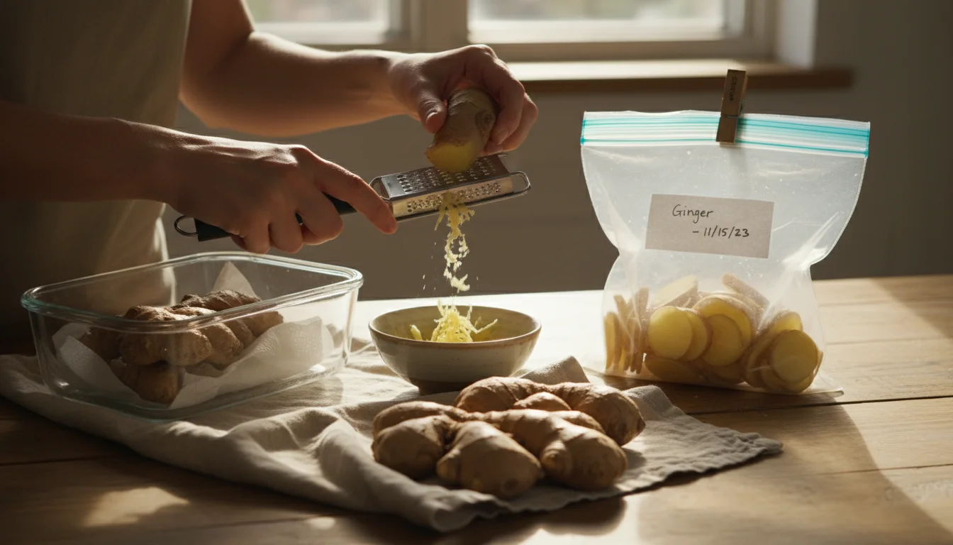 Hands grating fresh ginger on a sunny kitchen counter, with ginger stored in a glass container and a labeled freezer bag.