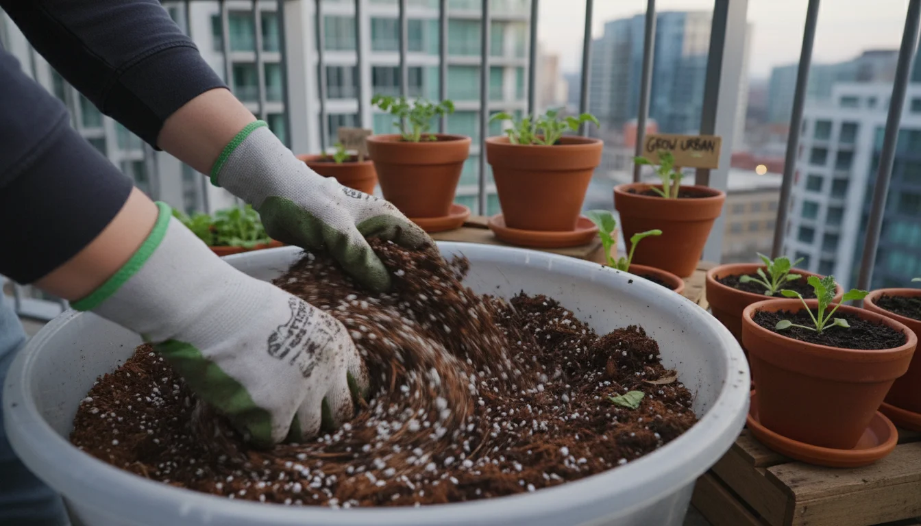 Hands in green gardening gloves mix dark compost, light coconut coir, and white perlite in a plastic tub on a balcony, ready for container planting.