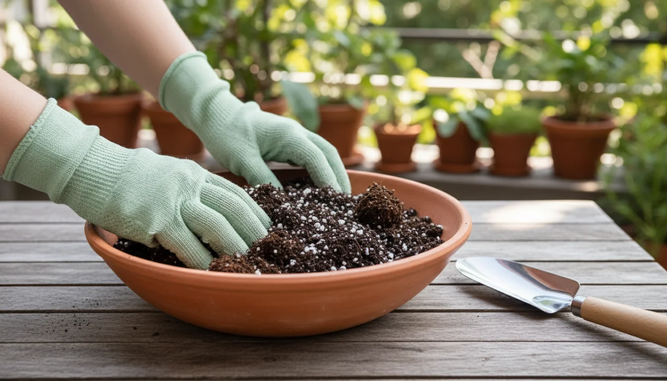 Hands in green gloves mixing old potting soil with white perlite and brown compost in a terracotta bowl on a wooden table.