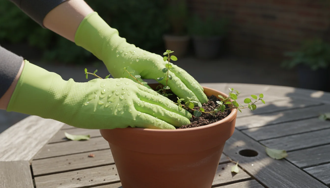 Hands in green nitrile-coated gardening gloves plant a trailing plant in a terracotta pot, water droplets visible on the glove surface.