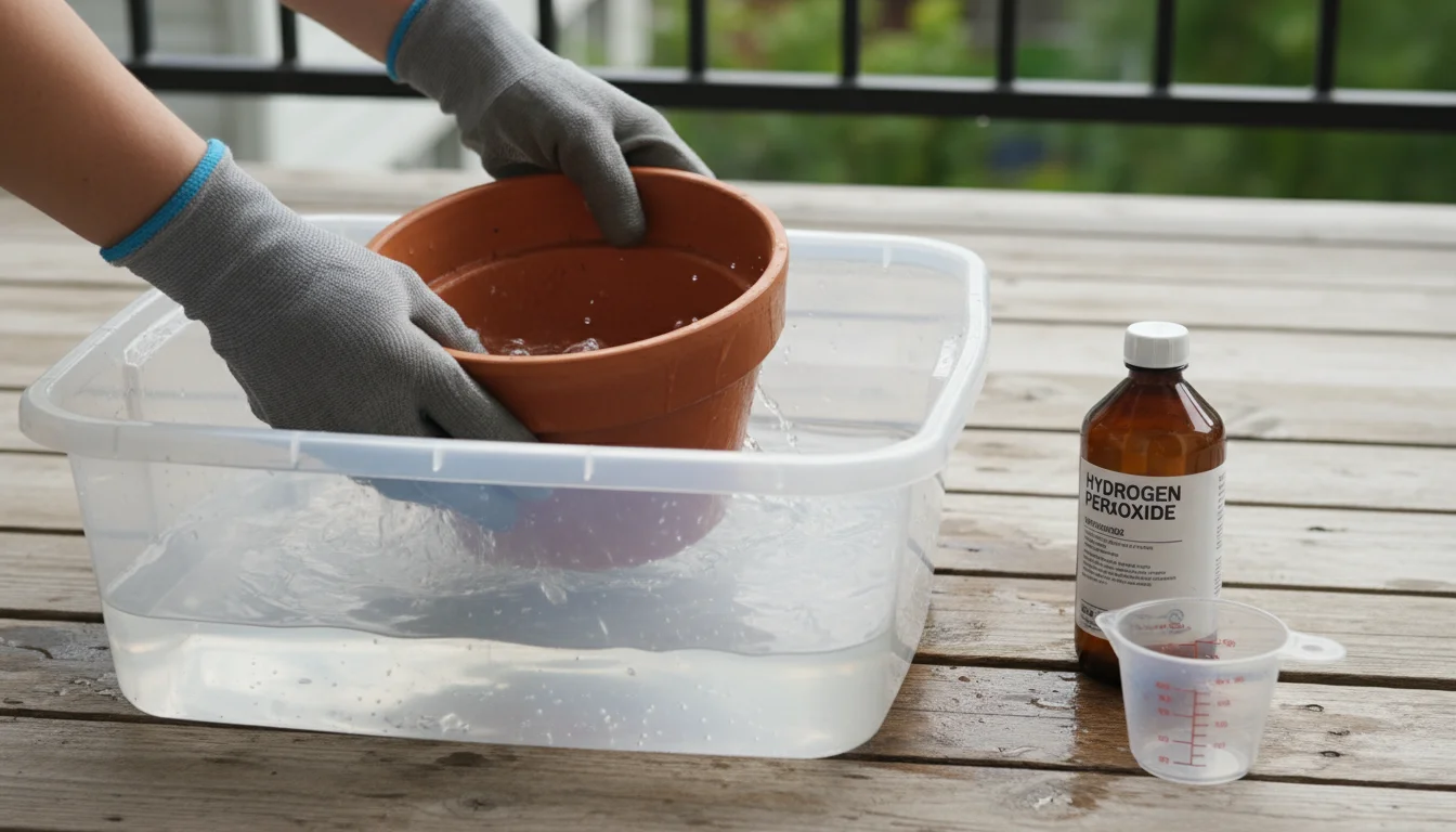 Hands in grey gloves swirl a terracotta pot in a plastic tub with hydrogen peroxide on a balcony deck.