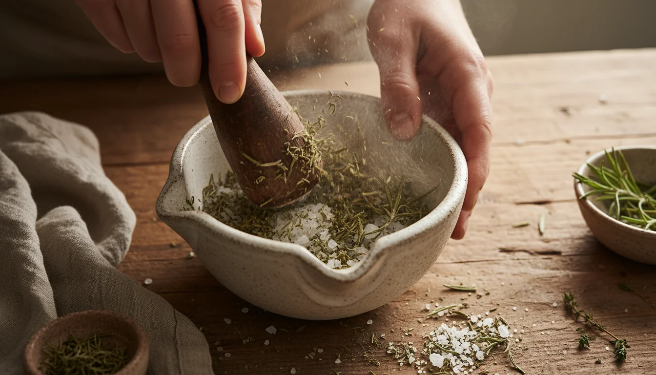 Hands grind dried herbs and sea salt in a ceramic mortar with a wooden pestle on a wooden table, blurred potted herbs in background.