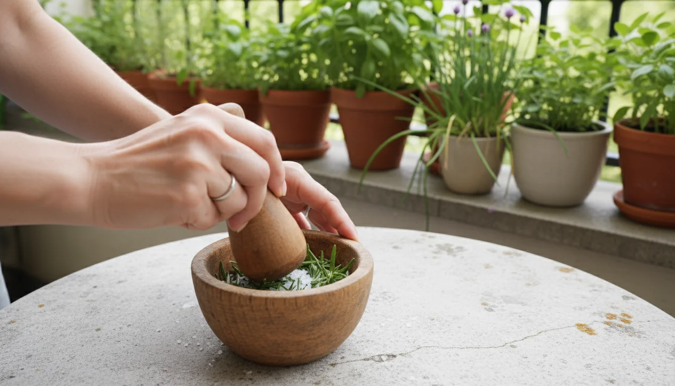 Hands grind fresh rosemary and coarse sea salt in a wooden mortar on a patio table, with potted herbs and a jar of herb salt in the soft background.