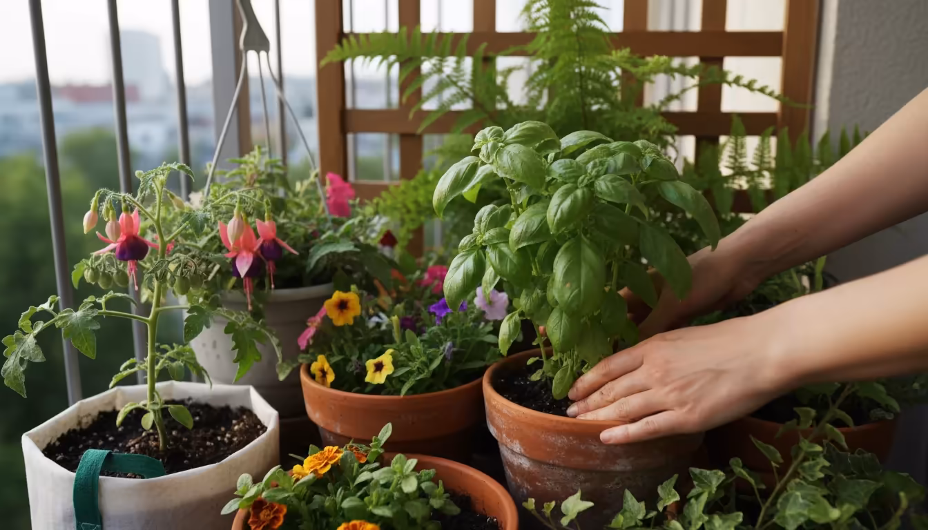 Hands grouping various container plants like herbs, tomatoes, and annuals together in a shaded balcony corner after deep watering.