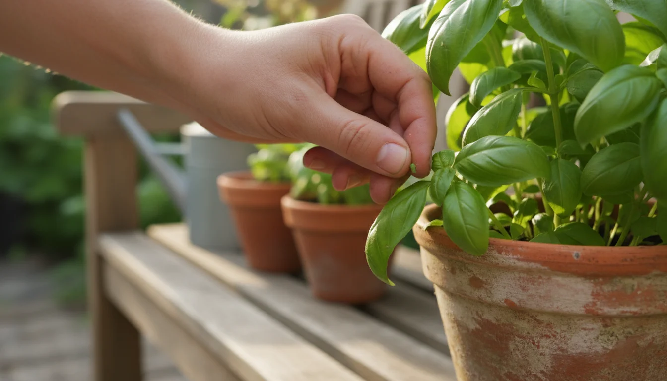 Hands carefully hand-picking a tiny green aphid from the underside of a basil leaf in a terracotta pot on a sunny balcony.