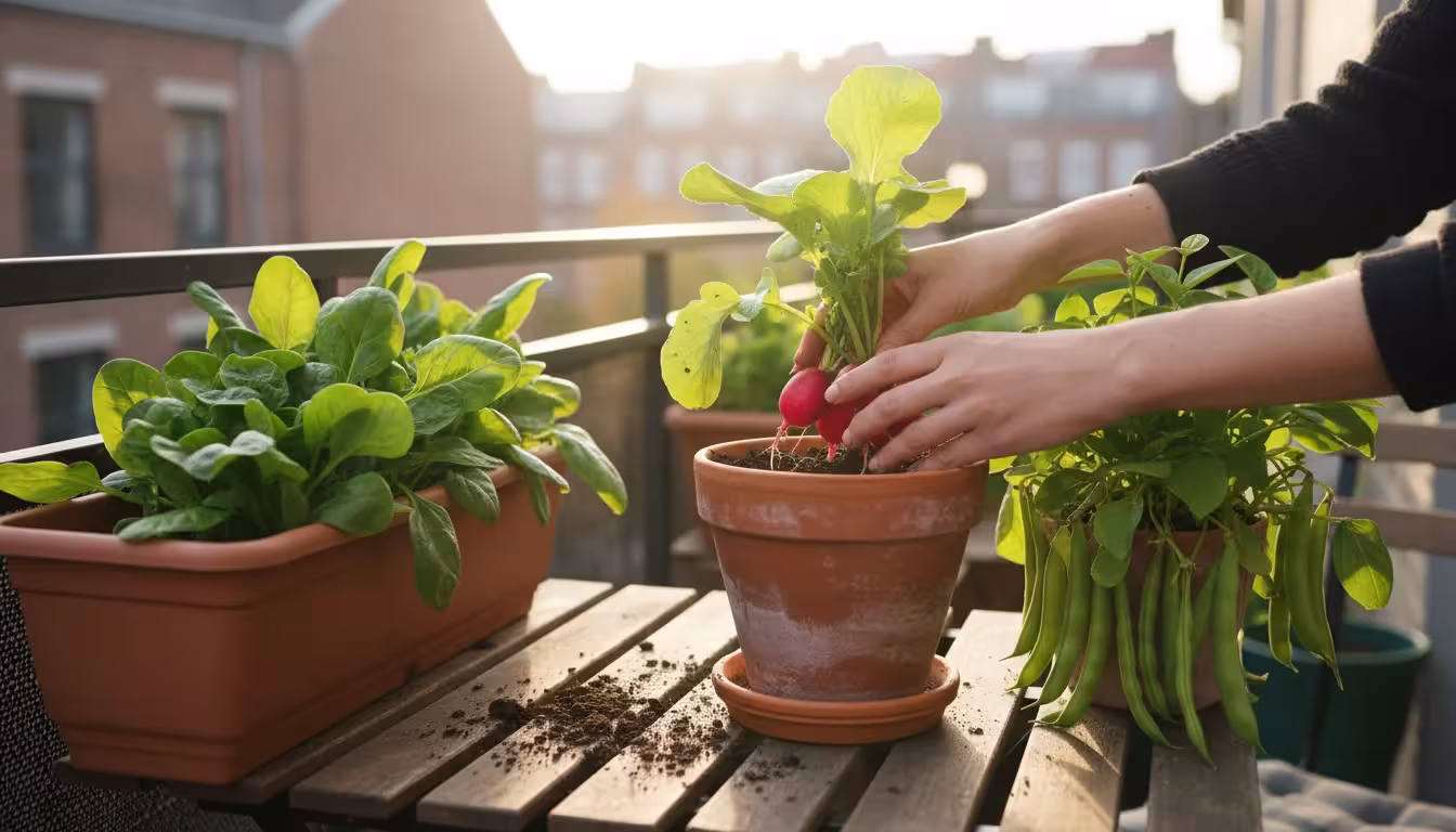 Hands harvest bright red radishes from a terracotta pot on a patio table. Lush green spinach and ripe bush beans grow in nearby containers.