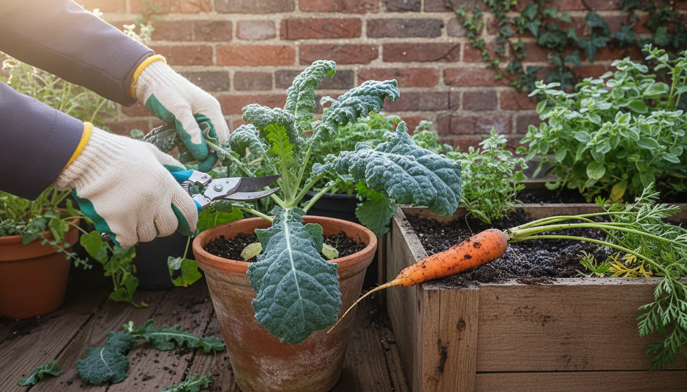 Hands harvest kale from a pot on an urban balcony. A freshly pulled carrot with greens lies nearby.