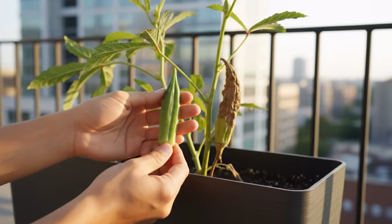 Hands harvest a vibrant 3-inch okra pod from a balcony planter, contrasting with a larger, duller pod nearby.