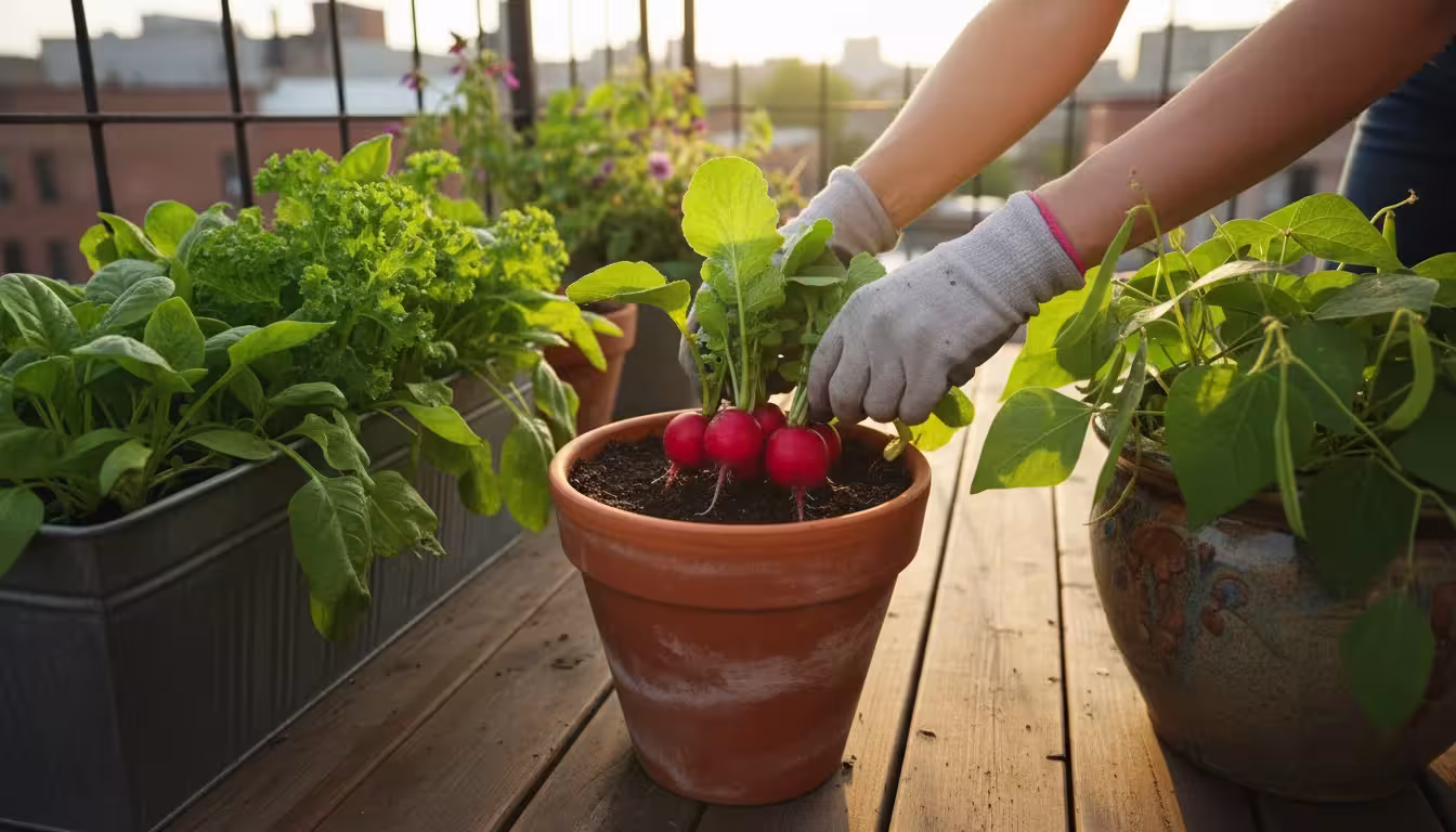 Hands harvesting bright red radishes from a terracotta pot on an urban balcony, surrounded by lush spinach and bush beans in containers.