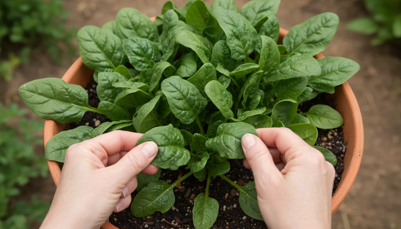Hands gently harvesting dark green, crinkled spinach leaves from a terracotta-style container on a small patio, under soft, diffused light.