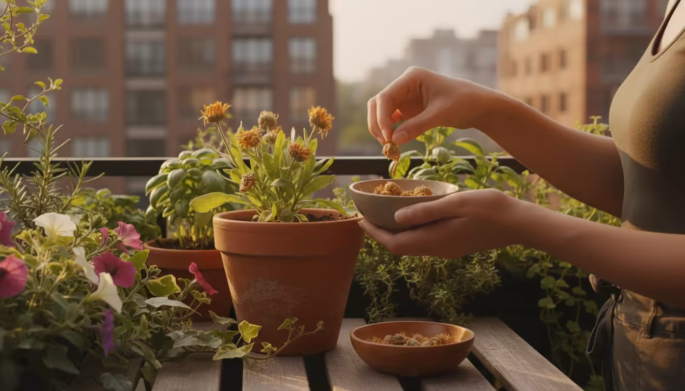 Close-up of hands harvesting dried calendula seeds from a terracotta pot on a sunlit urban balcony.