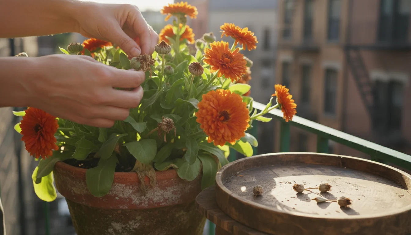 Hands harvesting dried seeds from an orange calendula plant in a terracotta pot on a balcony, with a worm composting bin in the background.