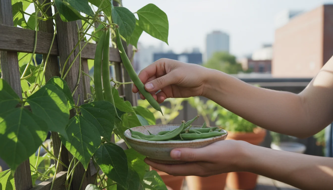 Close-up of hands harvesting fresh green pole beans directly into a rustic basket on an urban balcony garden.