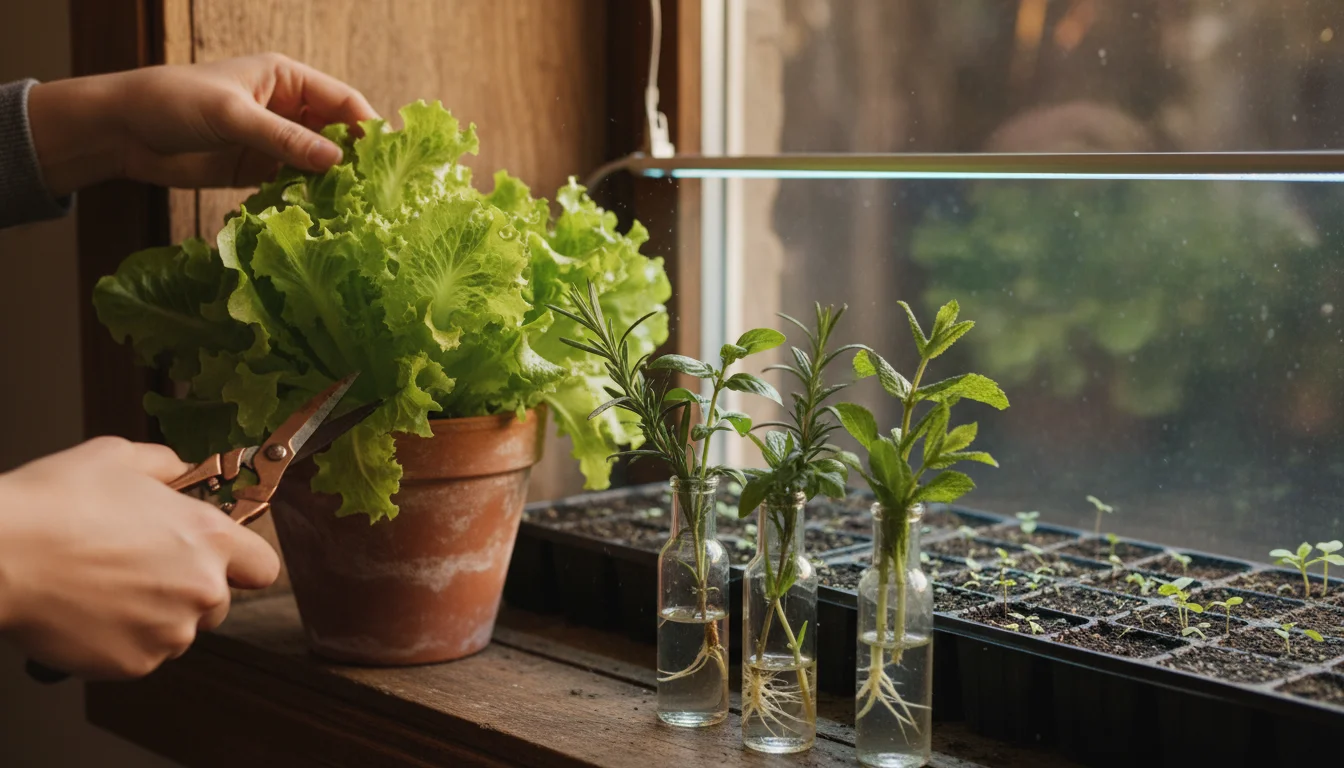 Hands harvesting lettuce from a pot, surrounded by glass vials with rooting herb cuttings and seed trays with seedlings under a grow light.