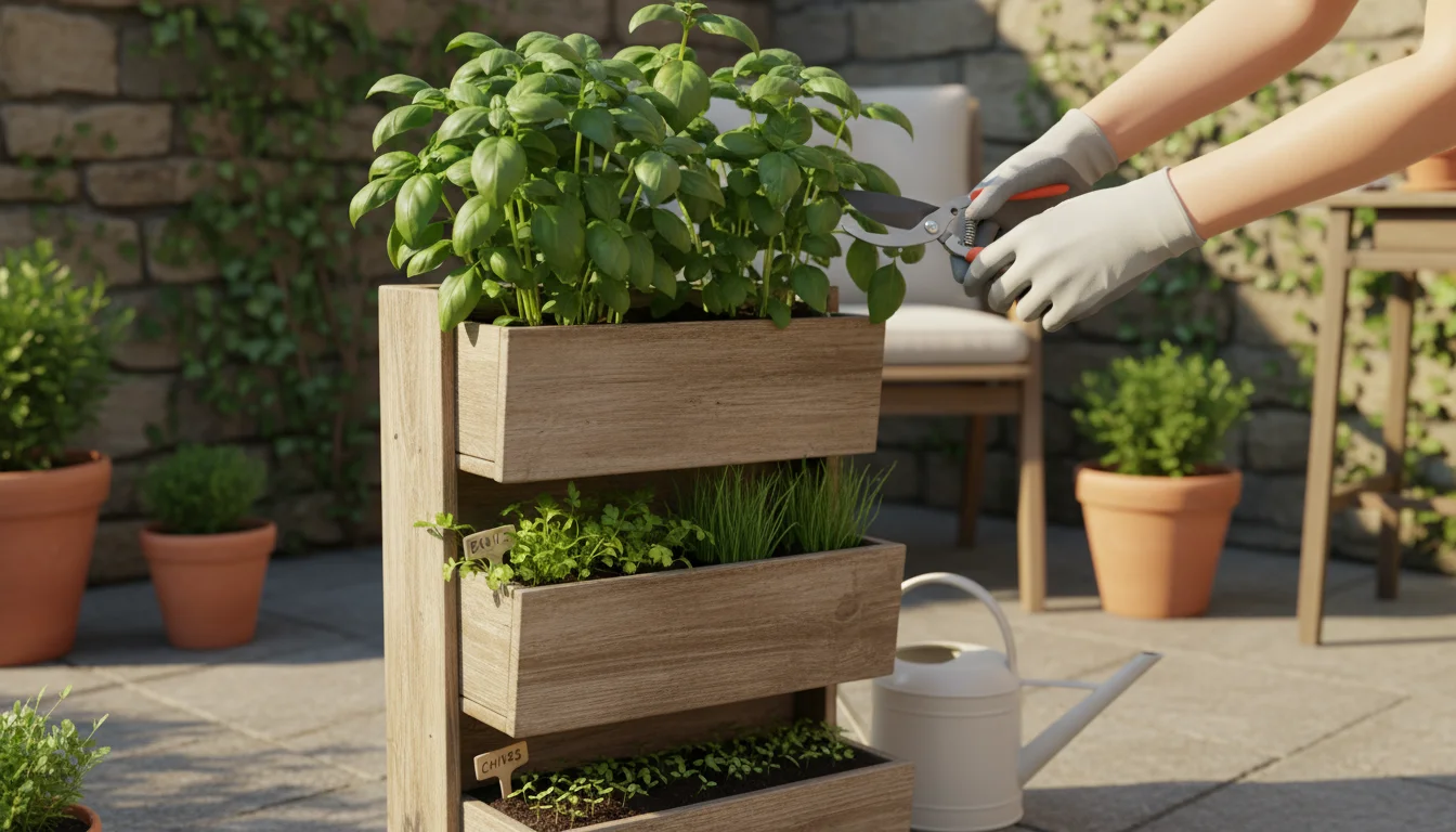 Hands harvesting mature basil from a vertical planter, with younger herb seedlings visible in lower pockets, demonstrating succession.