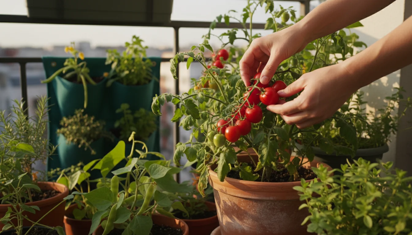Hands harvesting ripe cherry tomatoes from a lush container garden on a sunny urban balcony, surrounded by other thriving potted vegetables.