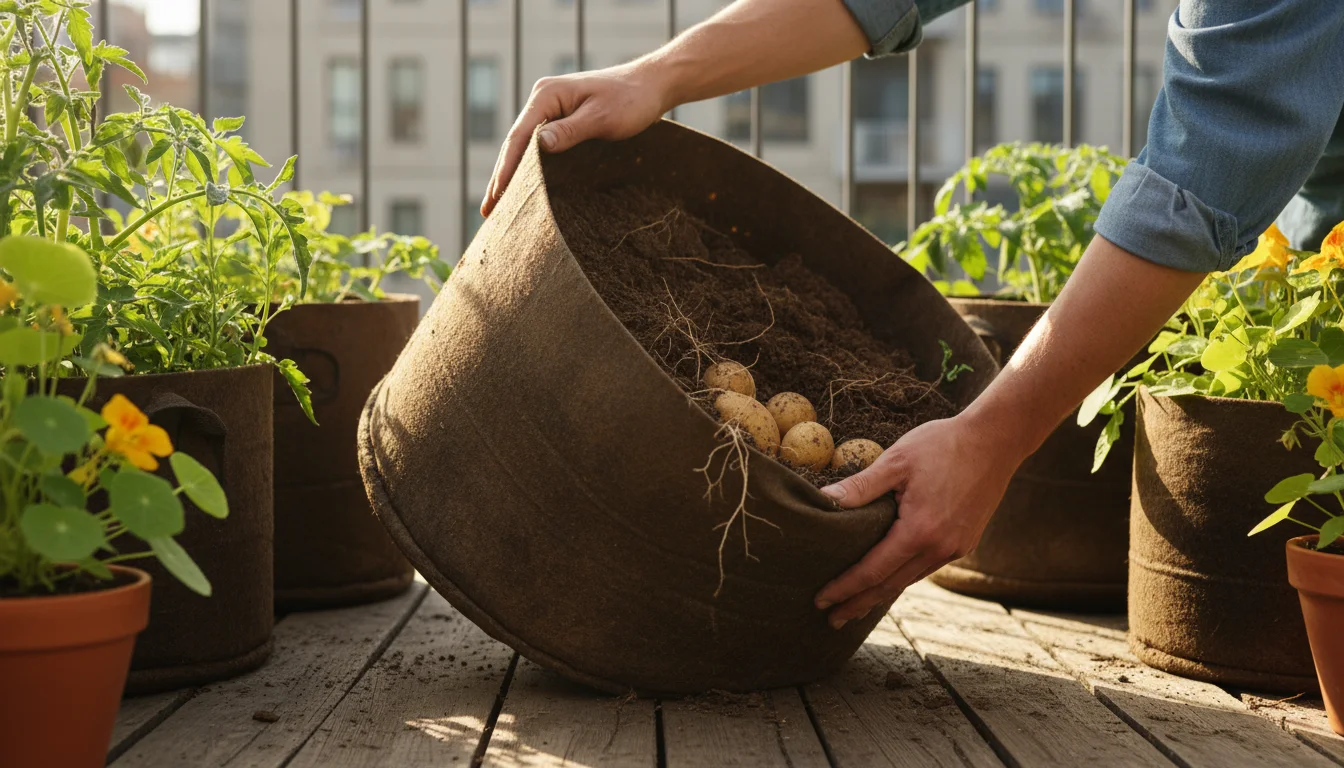 Hands harvesting small potatoes from a stained fabric grow bag on a sunlit urban balcony, surrounded by other plants.