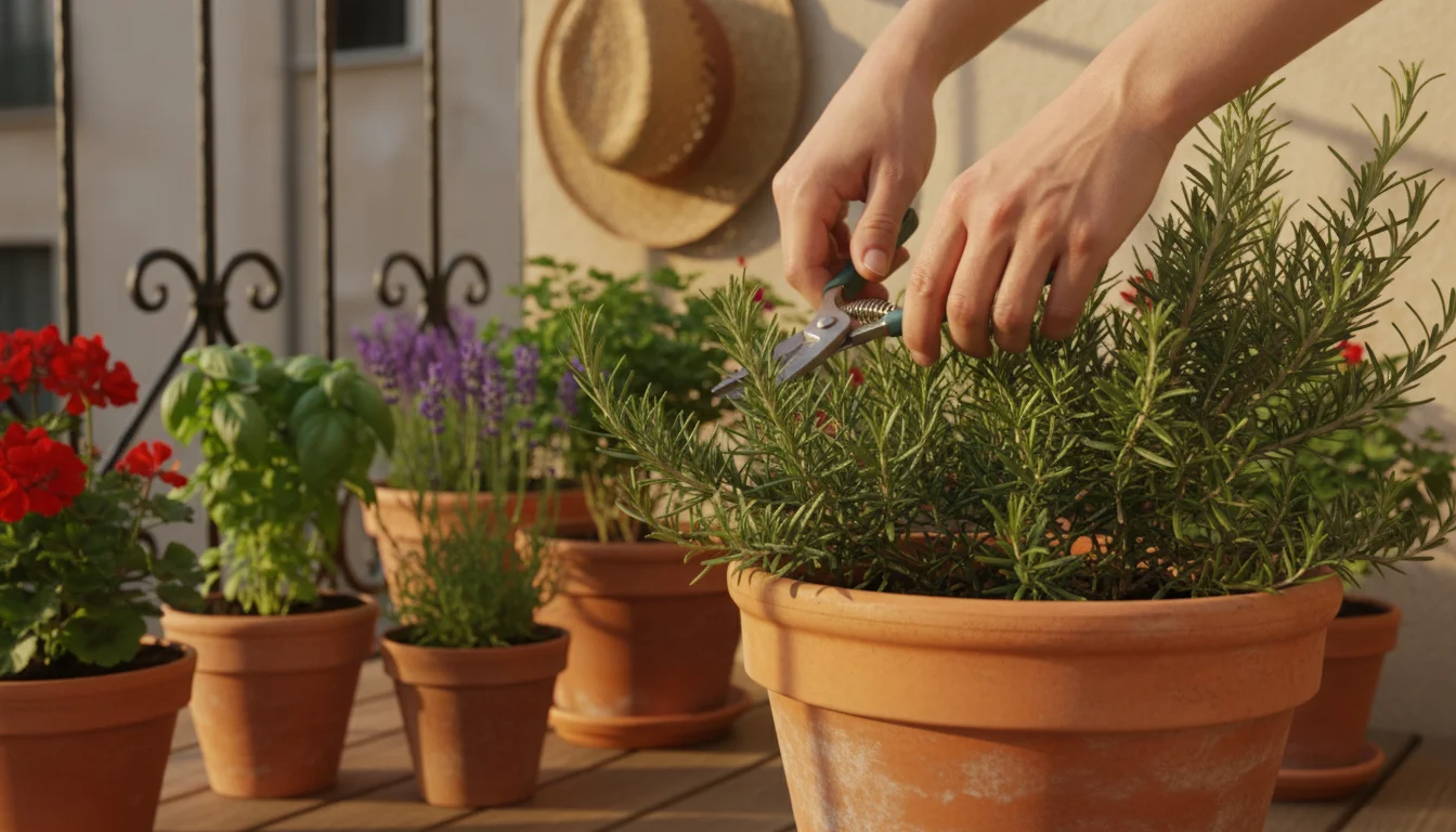 Hands gently tending a healthy rosemary plant in a terracotta pot on a sunny balcony, surrounded by other thriving container plants.