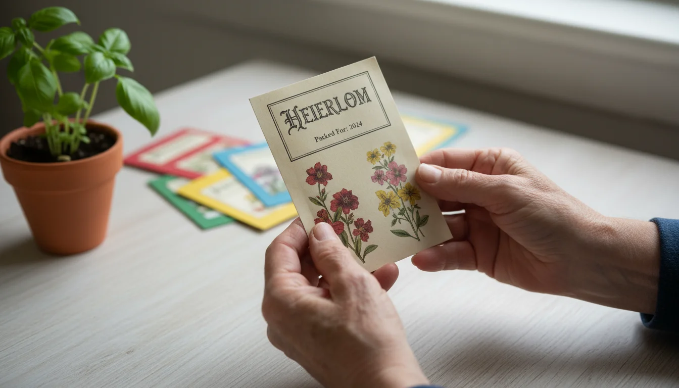 Hands examining an heirloom seed packet on a wooden table, with other seed packets and a small potted plant nearby.