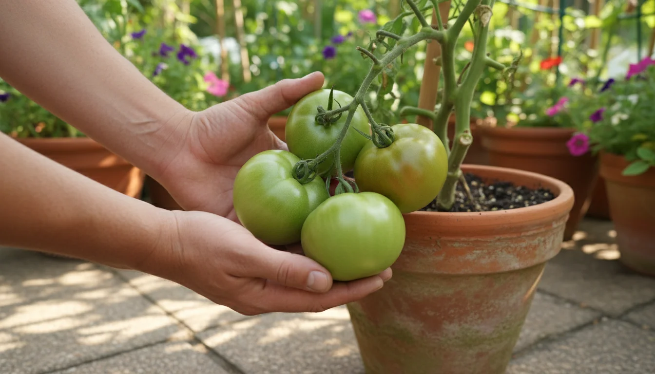 Hands gently hold a cluster of full-sized green tomatoes, some with a slight blush, still on the plant in a terracotta pot on a patio.