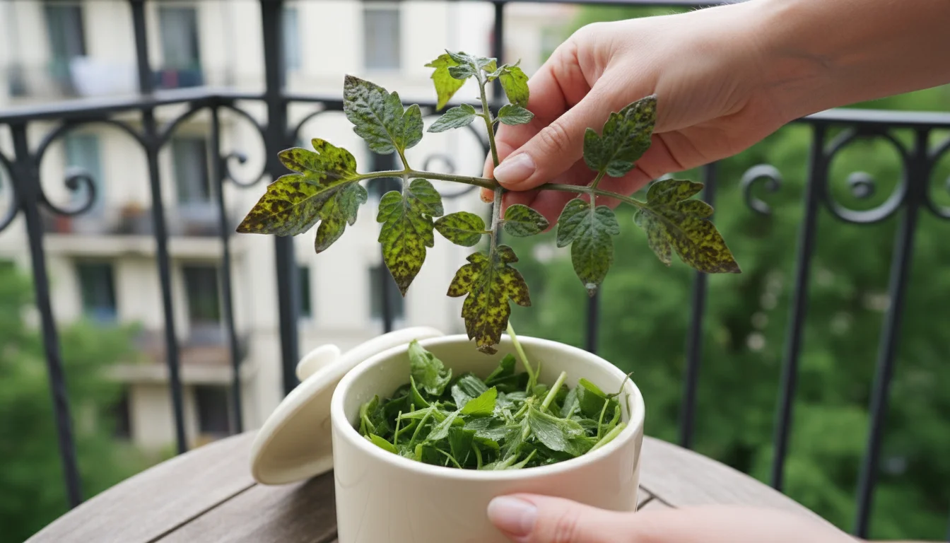 Hands hold a diseased tomato plant with spotted leaves over a kitchen compost caddy on an urban balcony.