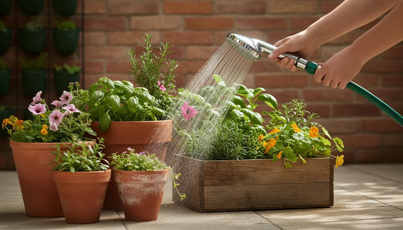 Hands hold a DIY showerhead watering wand spraying gentle mist onto lush container plants on a patio with a brick wall.