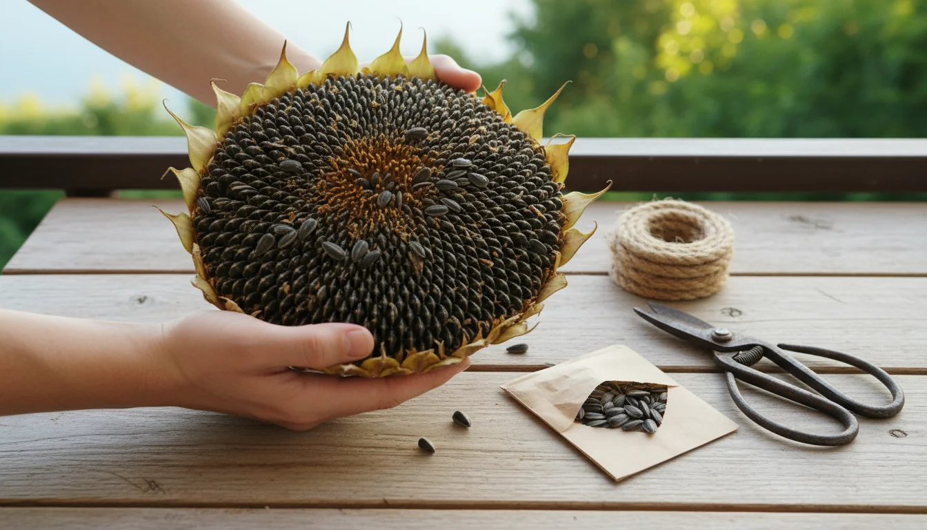 Hands gently hold a dried sunflower head with visible seeds on a light wooden balcony table, alongside twine and other seed pods. Blurred green plants