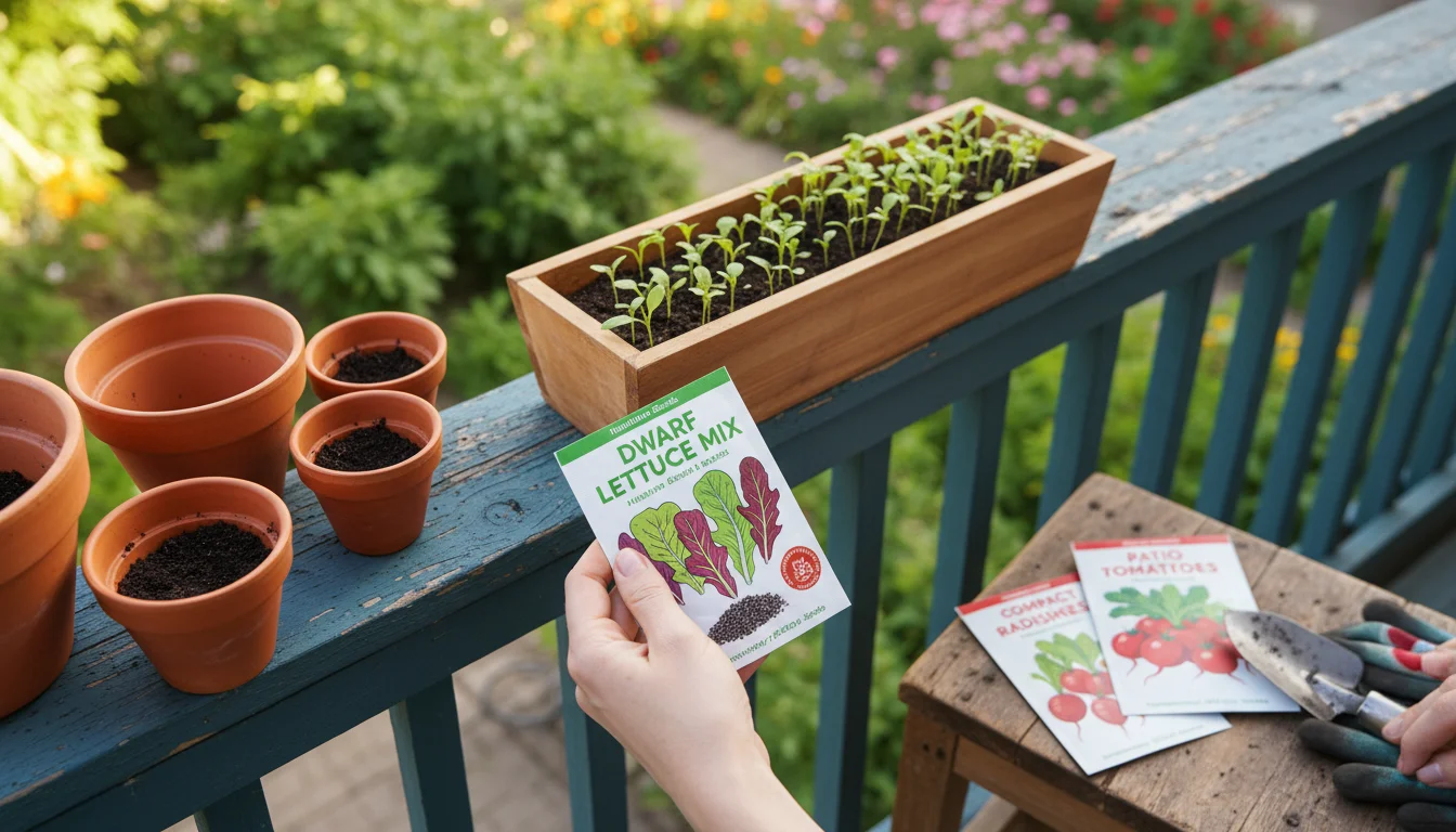 Hands hold a 'Dwarf Lettuce Mix' seed packet on a balcony railing amidst small pots and cool-season seedlings.