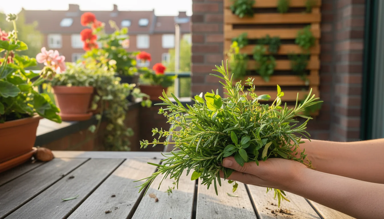 Hands hold a fresh bundle of pruned rosemary and thyme over a wooden table on an urban balcony.