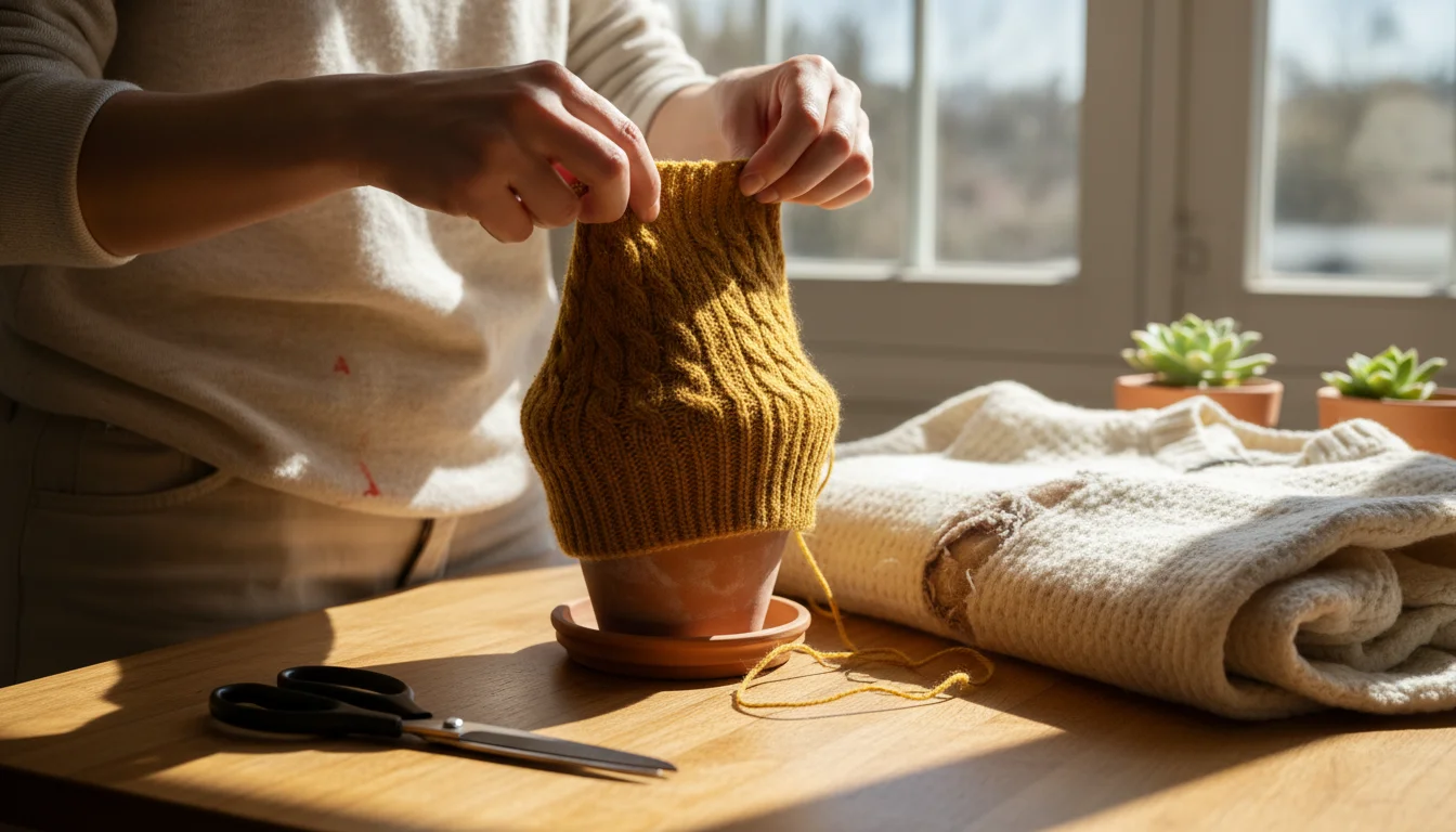 Hands hold a gray cable-knit sweater sleeve next to a terracotta pot on a table, with scissors and the rest of the sweater visible.