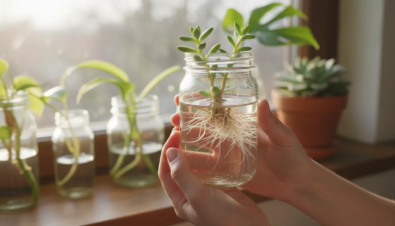 Hands gently hold a clear jar with a rooted succulent cutting on a sunlit windowsill, surrounded by other propagation jars.