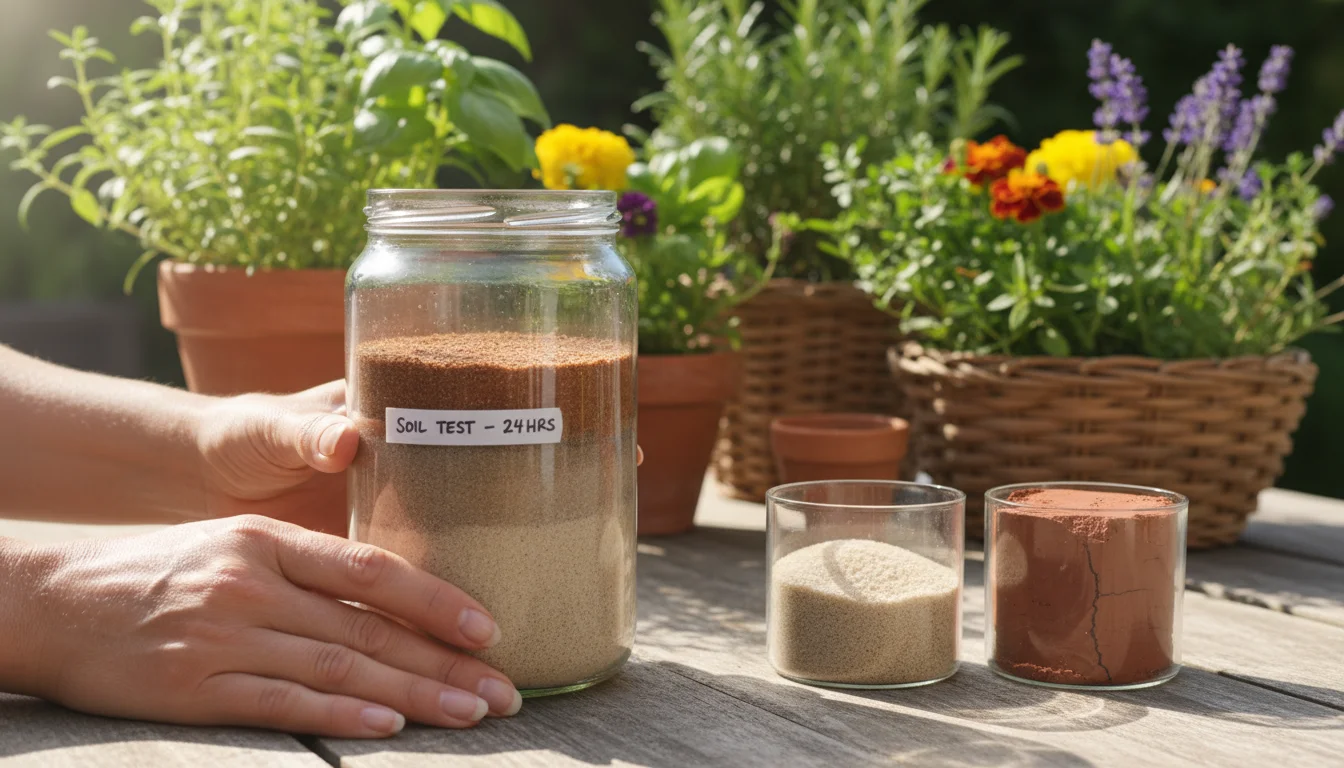 Hands hold a clear jar with settled soil layers (sand, silt, clay) on a patio table; small containers of sand and clay are nearby amidst potted plants