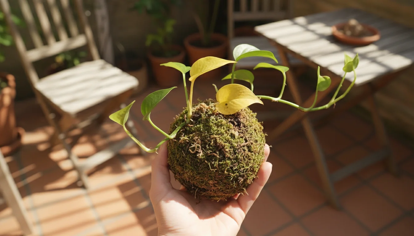 Hands gently hold a kokedama with yellowing leaves on a sunlit patio table, checking its moisture level.